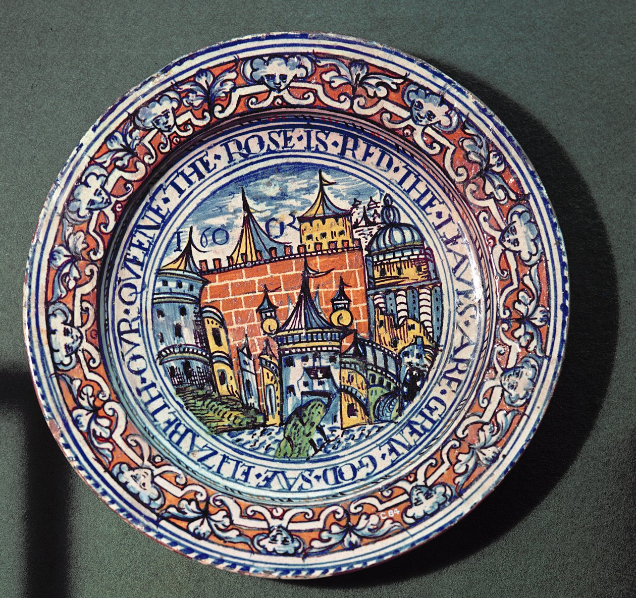 Delft tallrik med utsikt över Tower of London, från ovan, ca 1600 (keramik) av English School