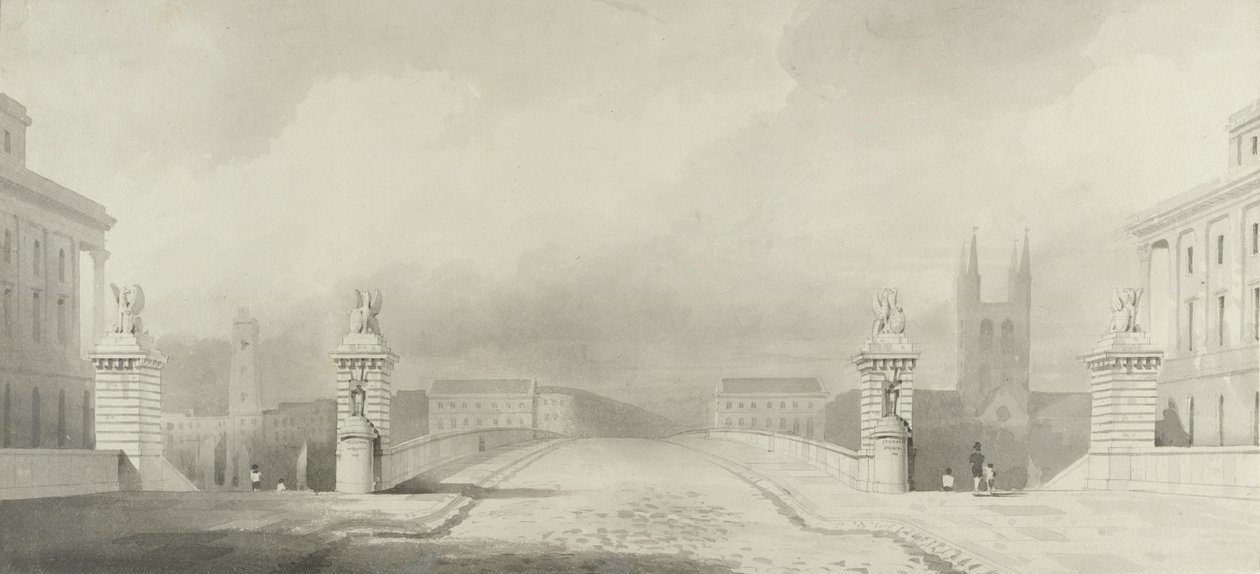 Design för London Bridge Approach (penna och bläck och skölj över grafit på papper) av English School
