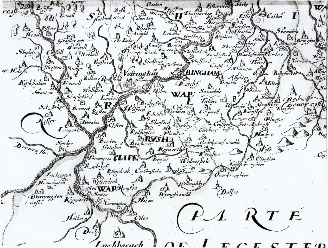 Detalj av en karta över grevskapet Nottinghamshire som visar staden Nottingham, 1642 av English School