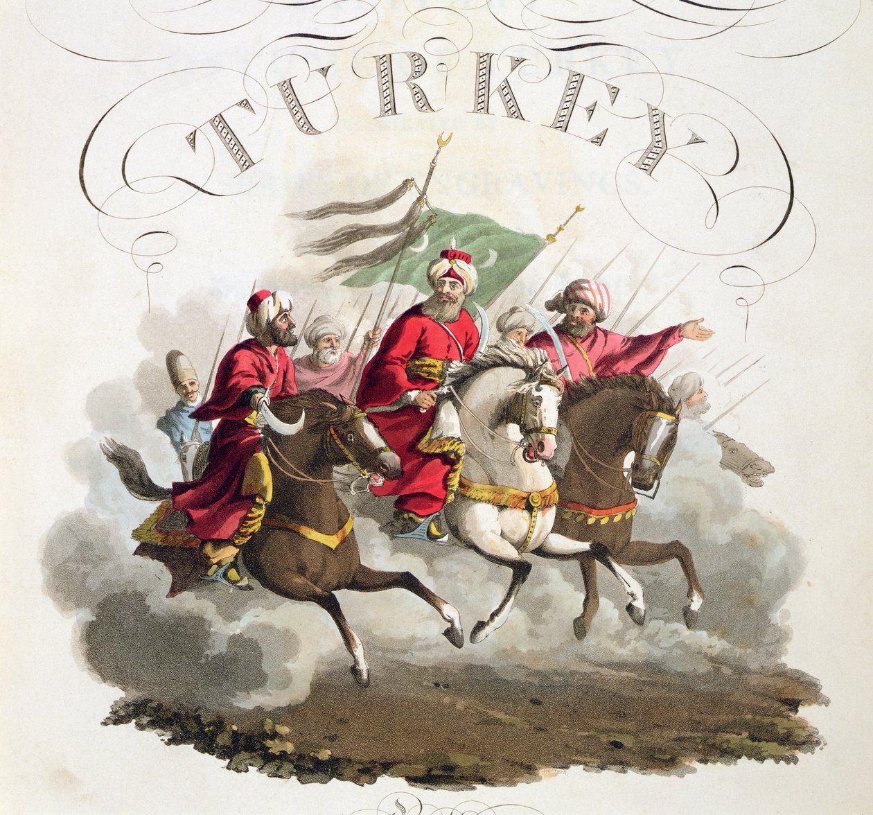 Detalj av titelsidan, från Costumes of the Various Nations, Volym VII, The Military Costume of Turkey, av Thomas MacLean, publicerad ca 1800-18 (handfärgad akvatint) av English School
