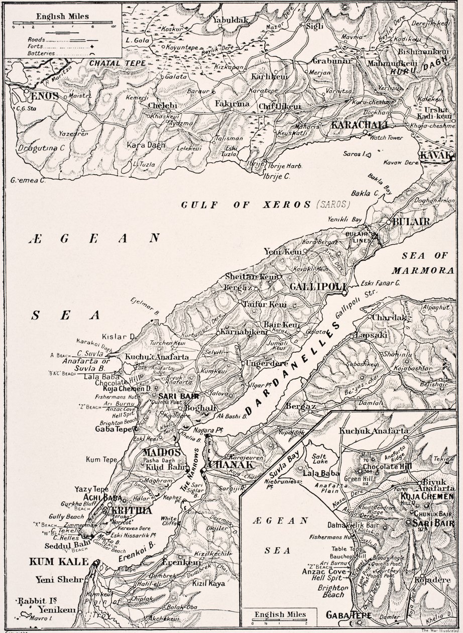 Detaljerad karta över Gallipolihalvön och Dardanellerna Turkiet, 1915, från 
