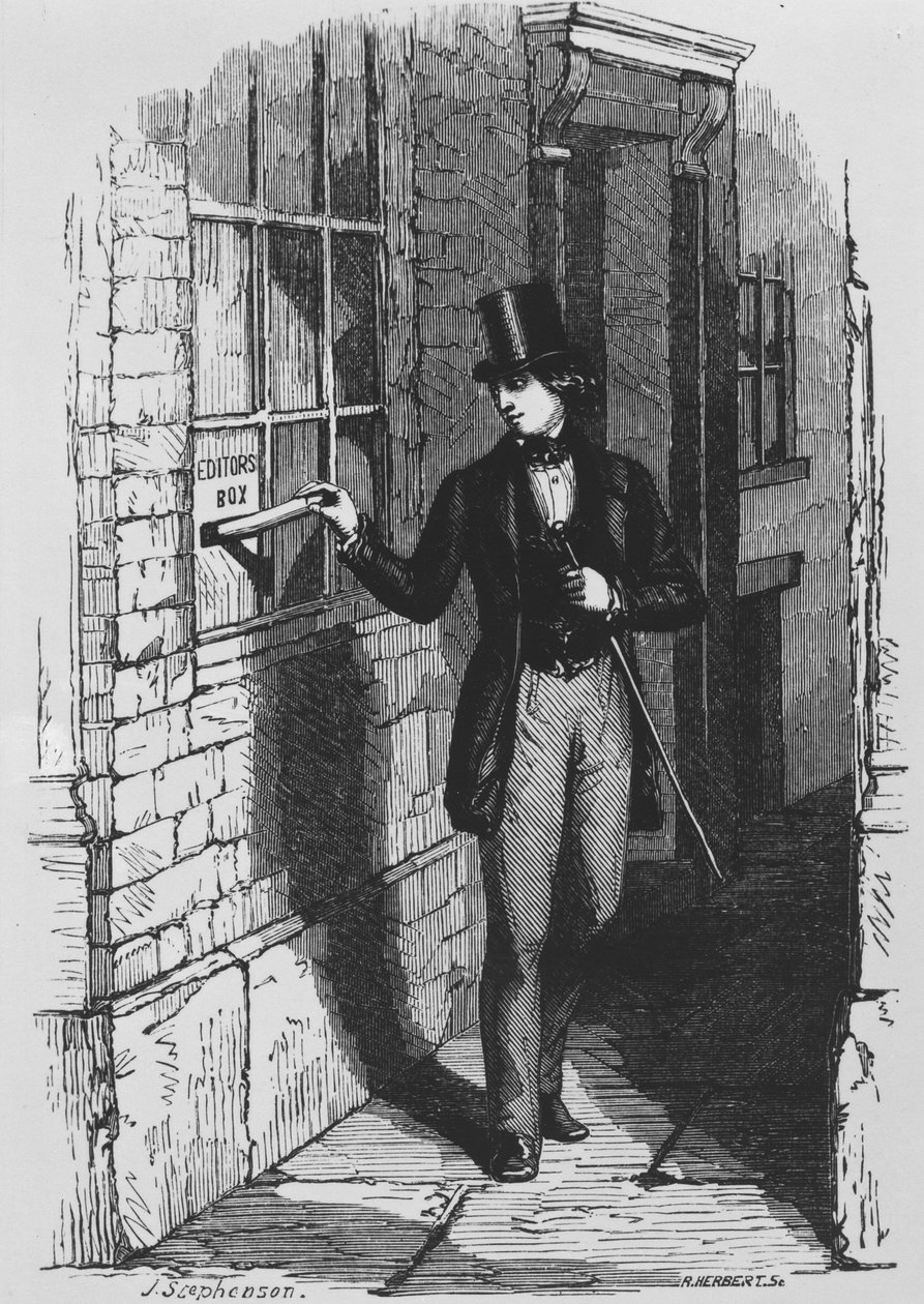 Dickens placerar sitt första litterära bidrag i redaktörens box av English School