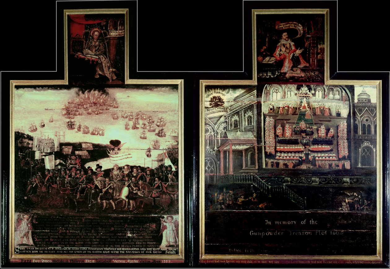 Diptyk som skildrar drottning Elizabeth I:s (1530-1603) ankomst till Tilbury, den spanska armadans nederlag och krutplanen av English School