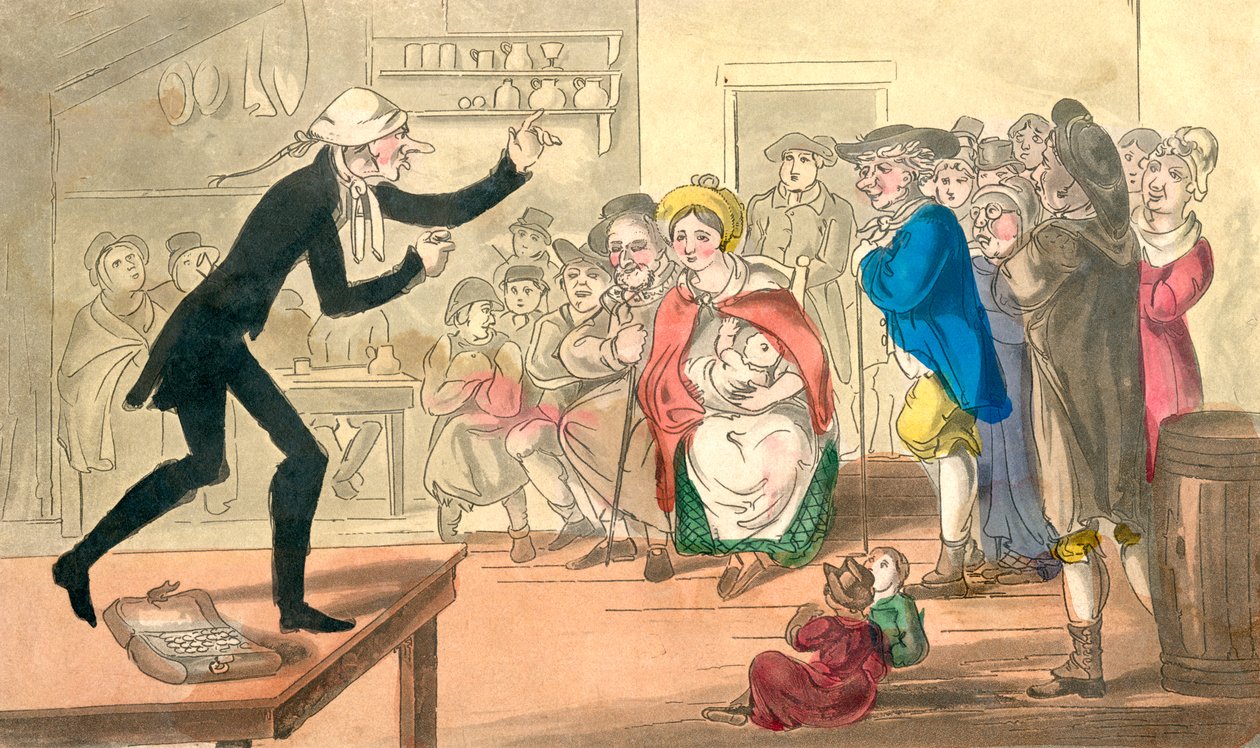 Dr. Comicus Selling his Pills, från The Adventures of Dr. Comicus eller The Frolicks of Fortune, publicerad ca 1815 (handfärgad akvatint) av English School