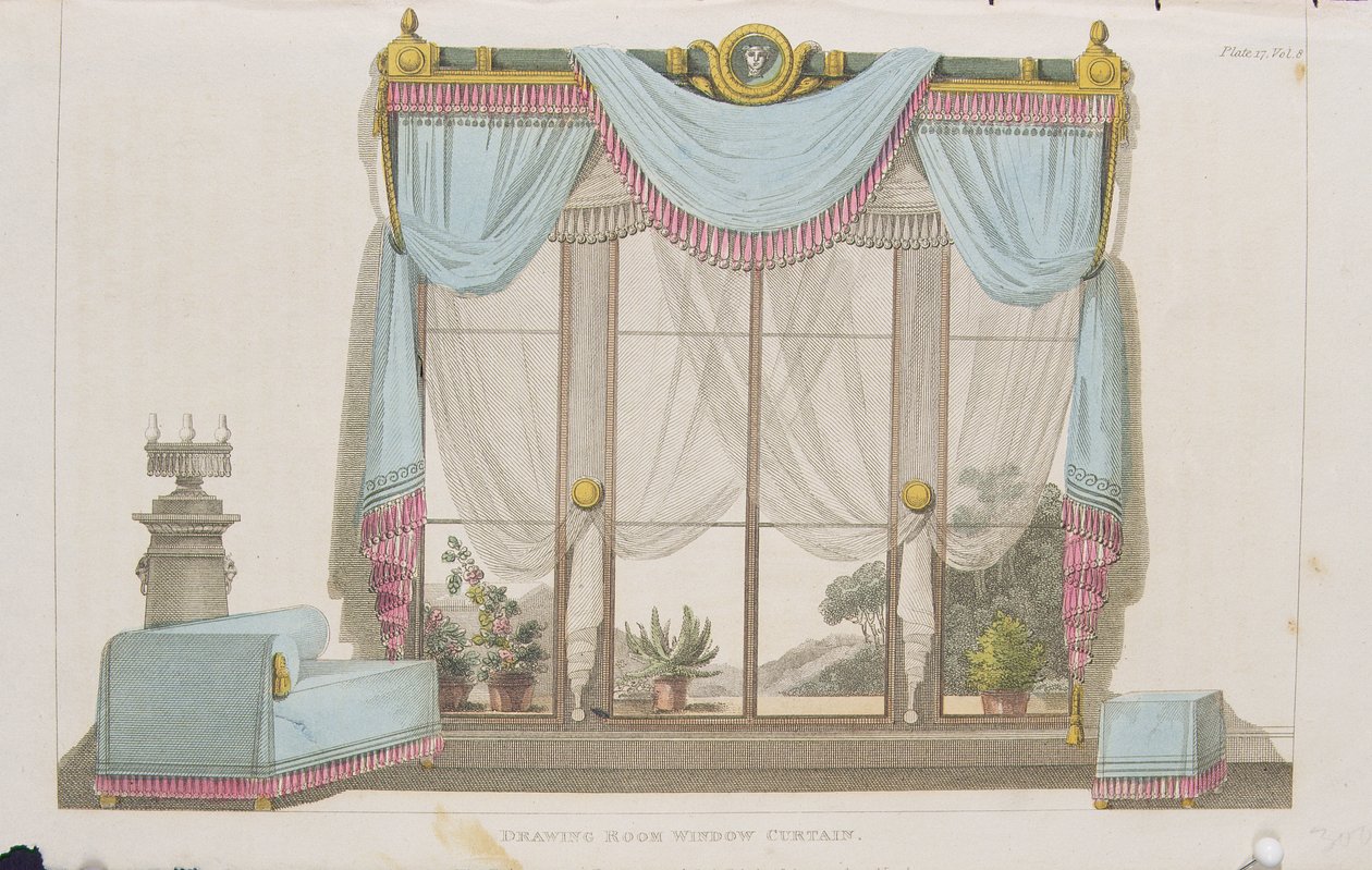 Fönstergardin i salongen, skylt 43 från Ackermanns Konstförråd, publicerad 1812 av English School