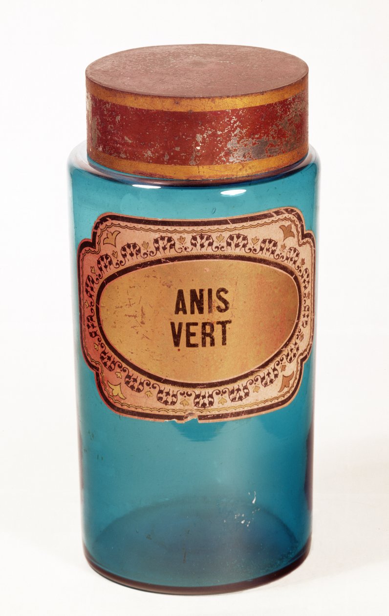 Drogburk, med etikett för Anis Vert, c.1860 (blått glas) av English School