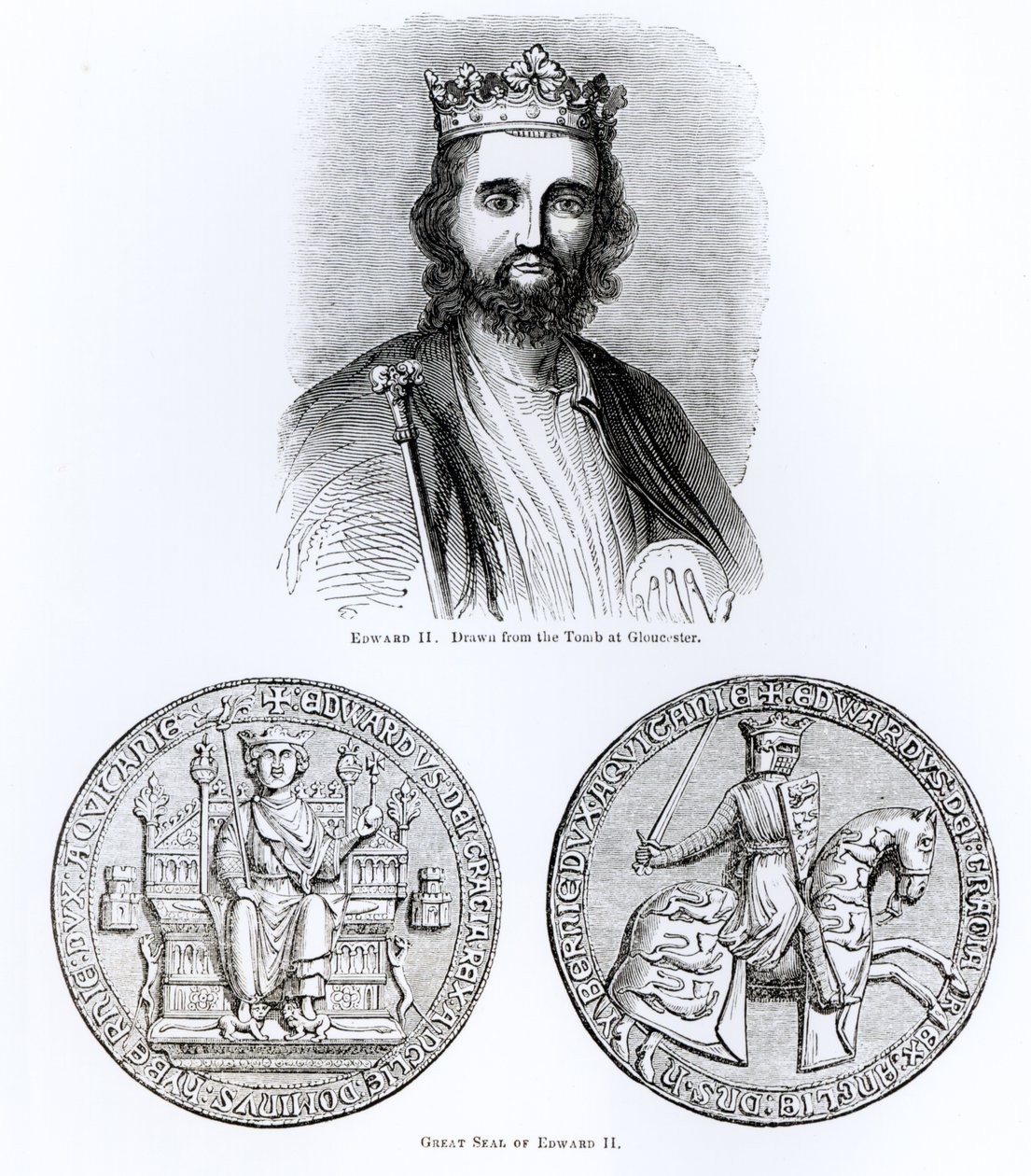 Edvard II (1284-1327) hämtad från graven i Gloucester och det stora inseglet av English School