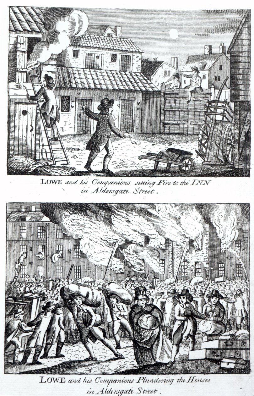 Edward Lowe och hans följeslagare satte eld på värdshuset på Aldersgate Street och plundrade husen den 16 maj 1790 av English School