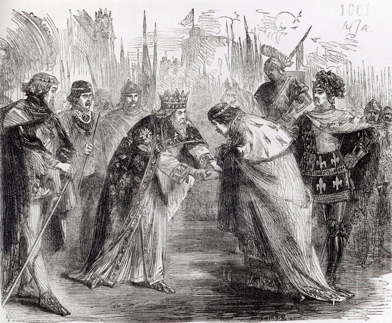 Edward den svarte prinsen (1330-76) presenterar kung Johannes II (1319-64) av Frankrike för sin far, Edward III (1312-77) av English School