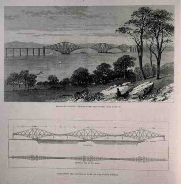 Höjd- och sektionsplan av Forth Bridge, Edinburgh, från The Illustrated London News, 28 januari 1882 av English School