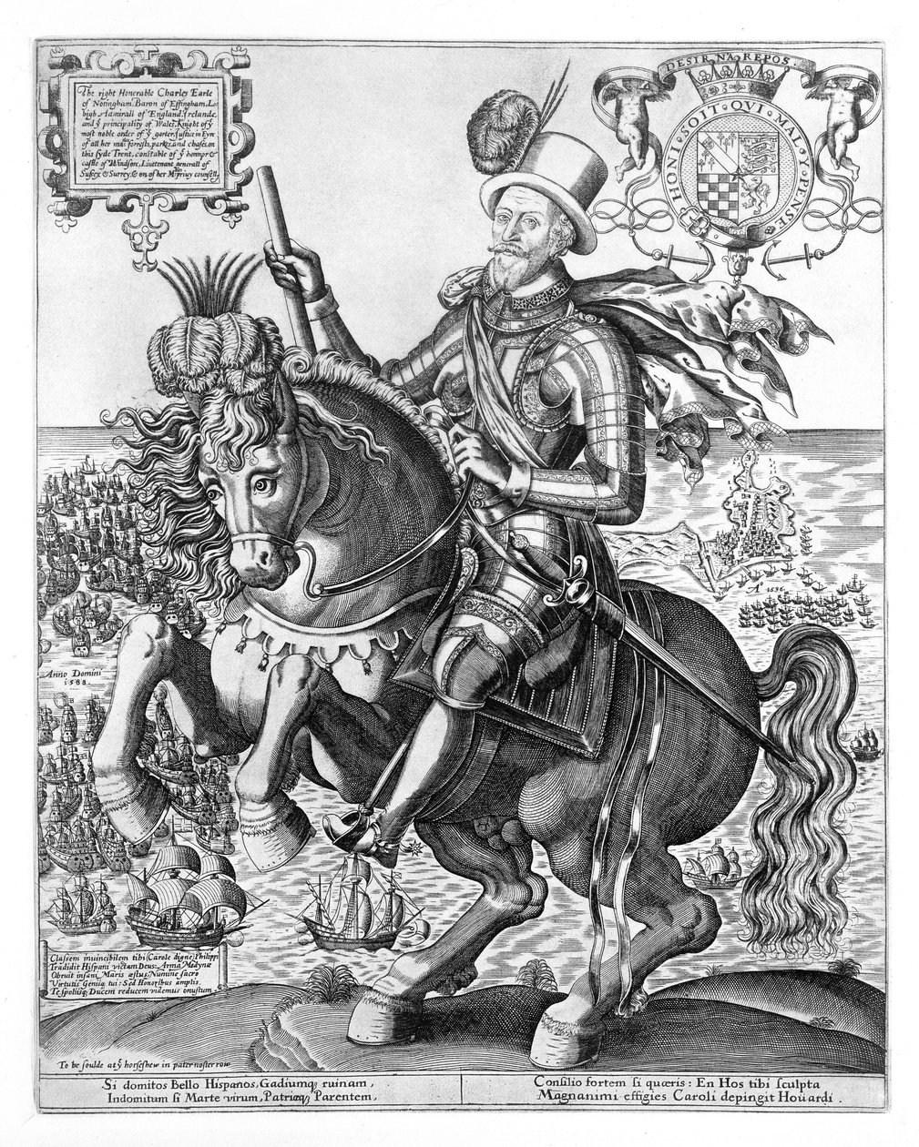 Ridsporträtt av Charles Howard (1536-1624) 2:a baron Howard av Effingham, 1:e earl av Nottingham, graverad av Thomas Cockson (fl.1591-1636) c.1597-1603 av English School