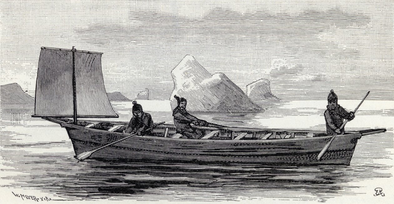 Eskimåer i en umiak, från "The English Illustrated Magazine", 1891-92 av English School