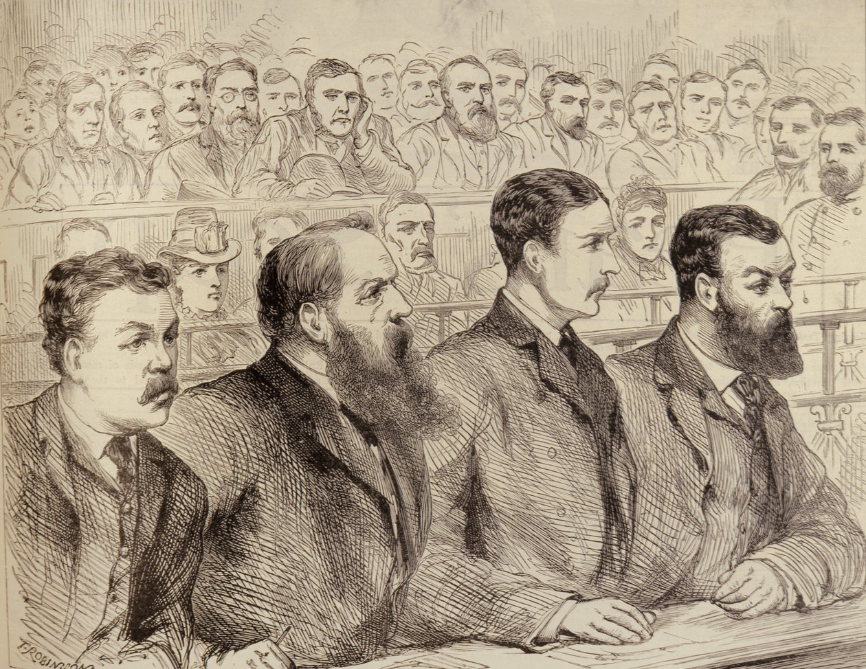 Undersökning av de socialdemokratiska federationens ledare vid Bow Street Police Court, från The Illustrated London News, 27 februari 1886 av English School