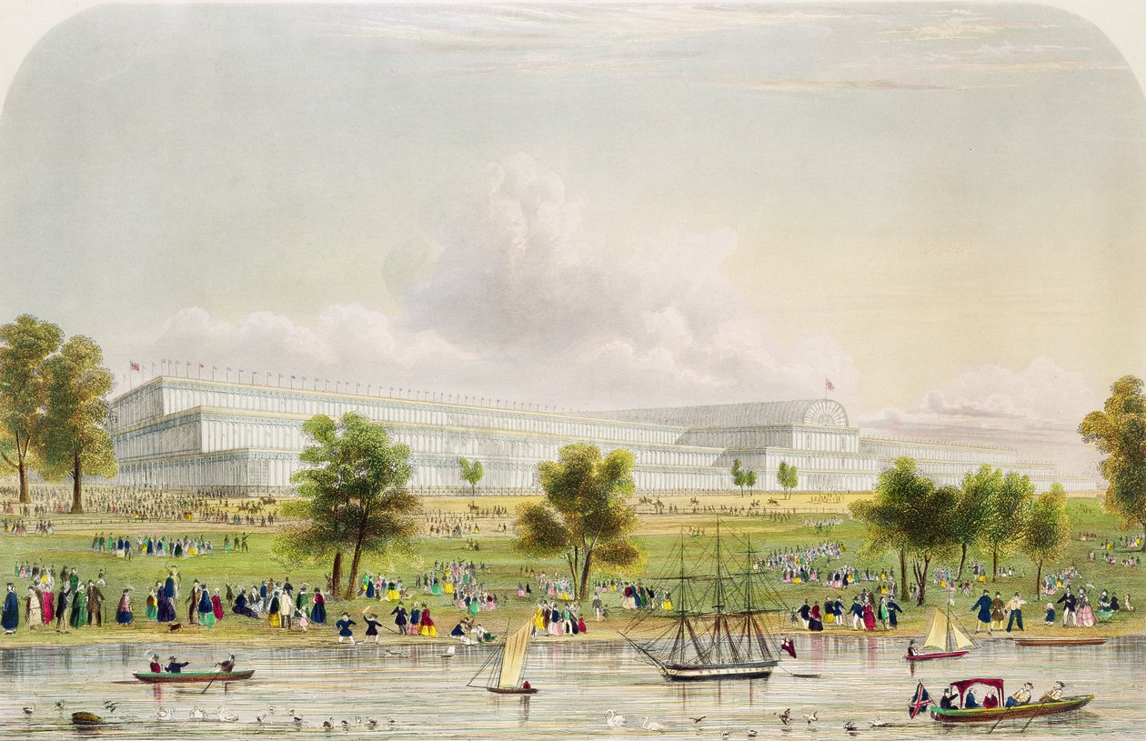 Exteriör beskådar av den stora utställningen av alla nationer, från Serpentine, pub. av Reed and Co. 1851 (tryck) av English School
