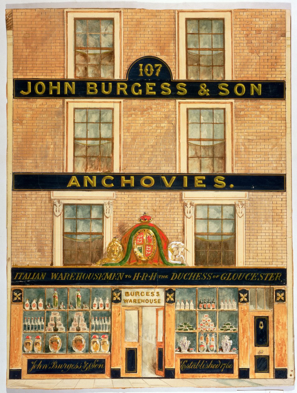Fasad av John Burgess & Son, lagerhållare till hertiginnan av Gloucester (wc på papper) av English School