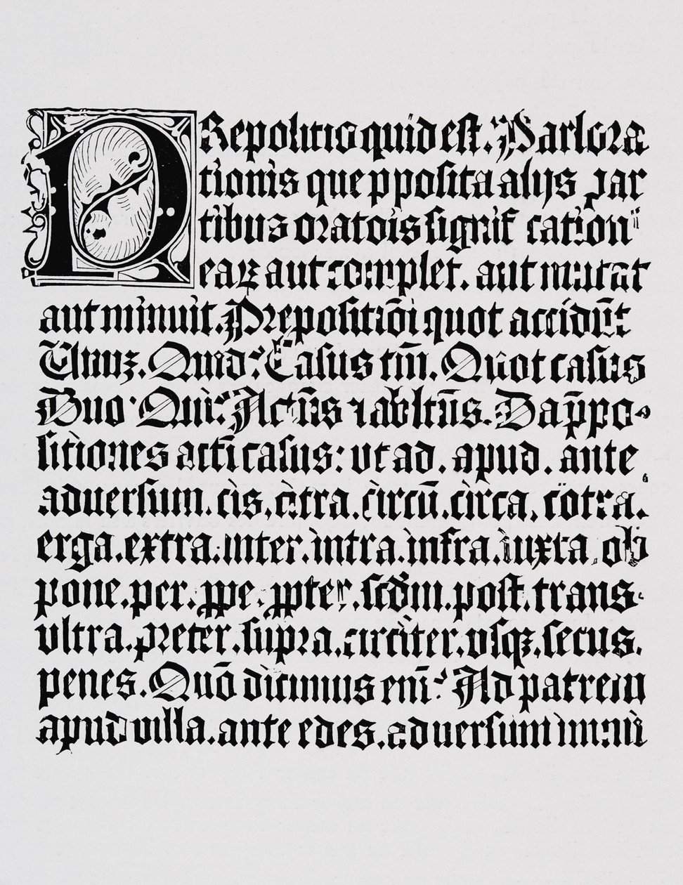 Faksimil av en sida med xylografi eller trägravyr om prepositionen, från en grammatikbok tryckt av Johann Fust och Johannes Gutenberg, Mainz, ca 1450 av English School