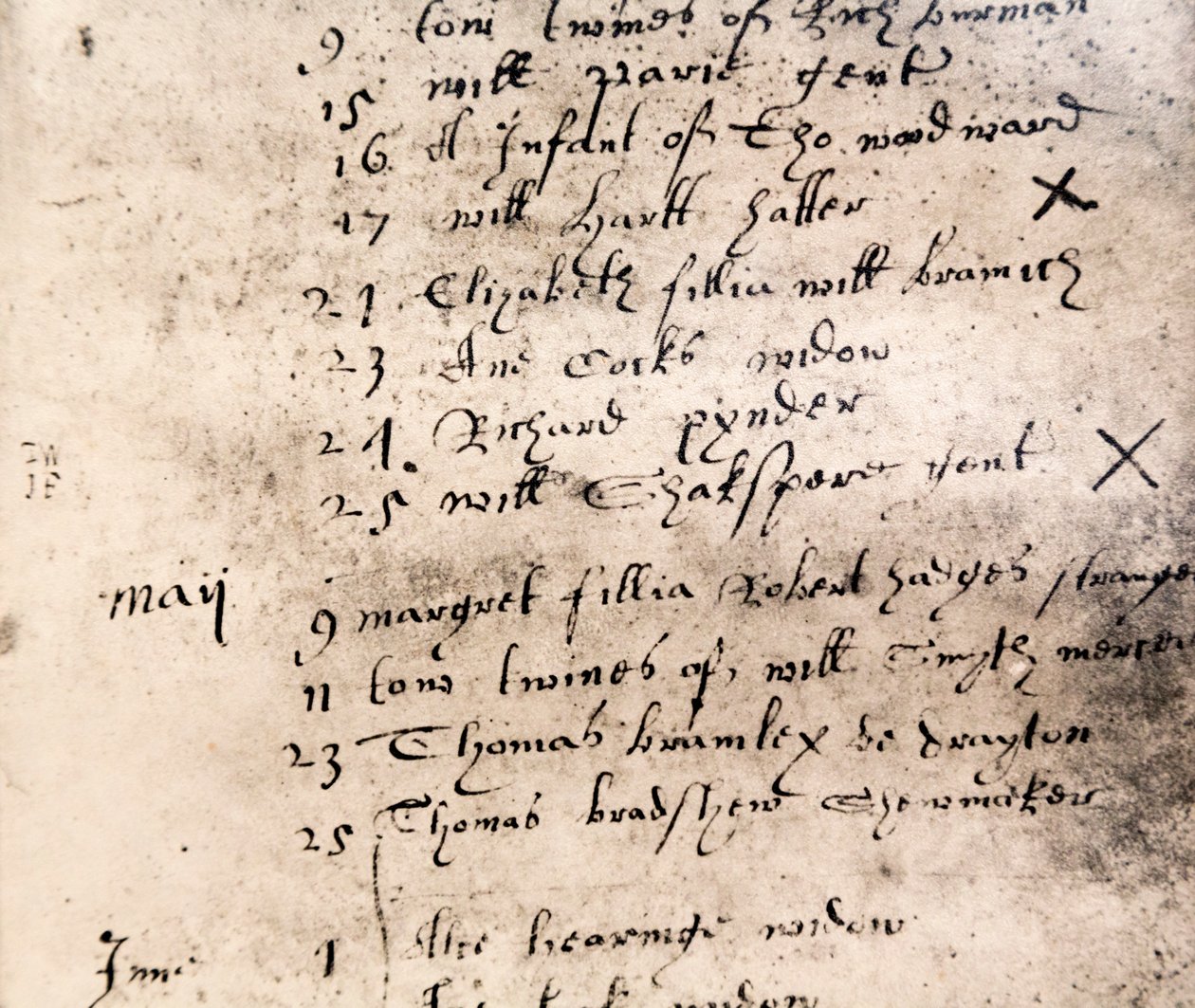 Faksimilregisteranteckning för begravning av William Shakespeare den 25 april 1616 av English School