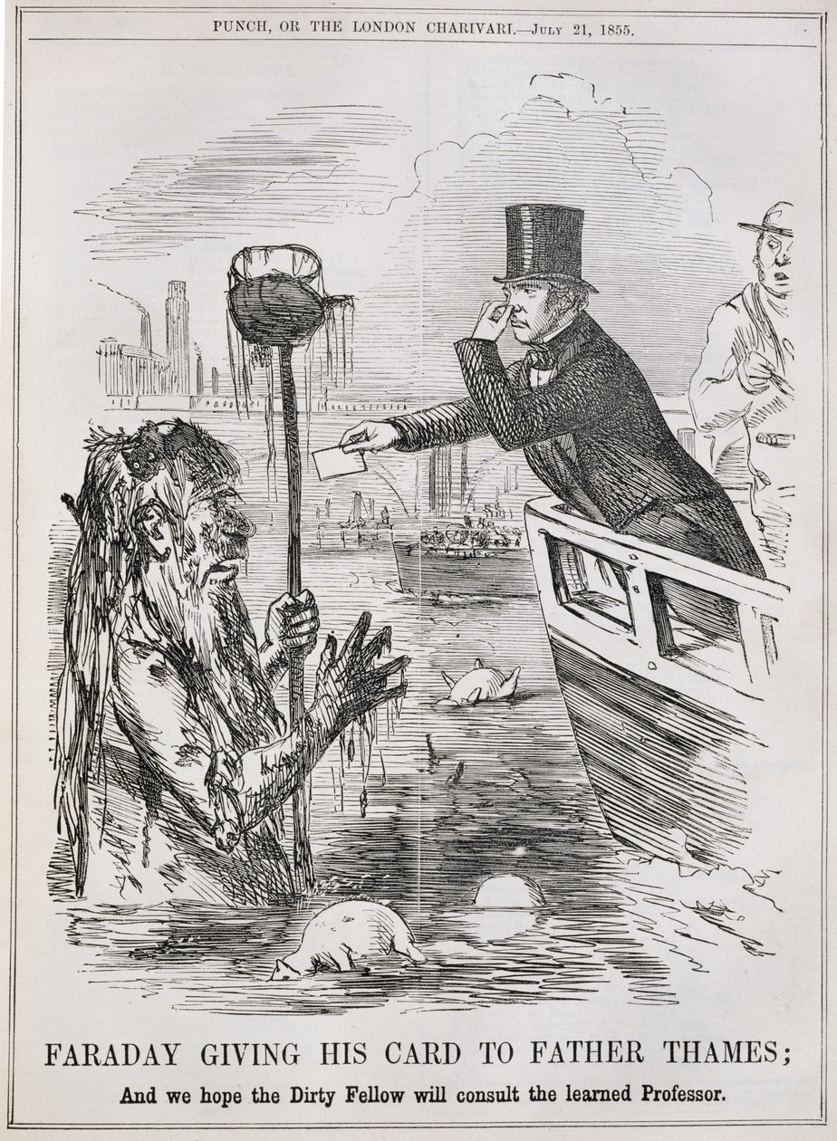 Faraday ger sitt kort till Fader Thames, från "Punch", 21 juli 1855 av English School