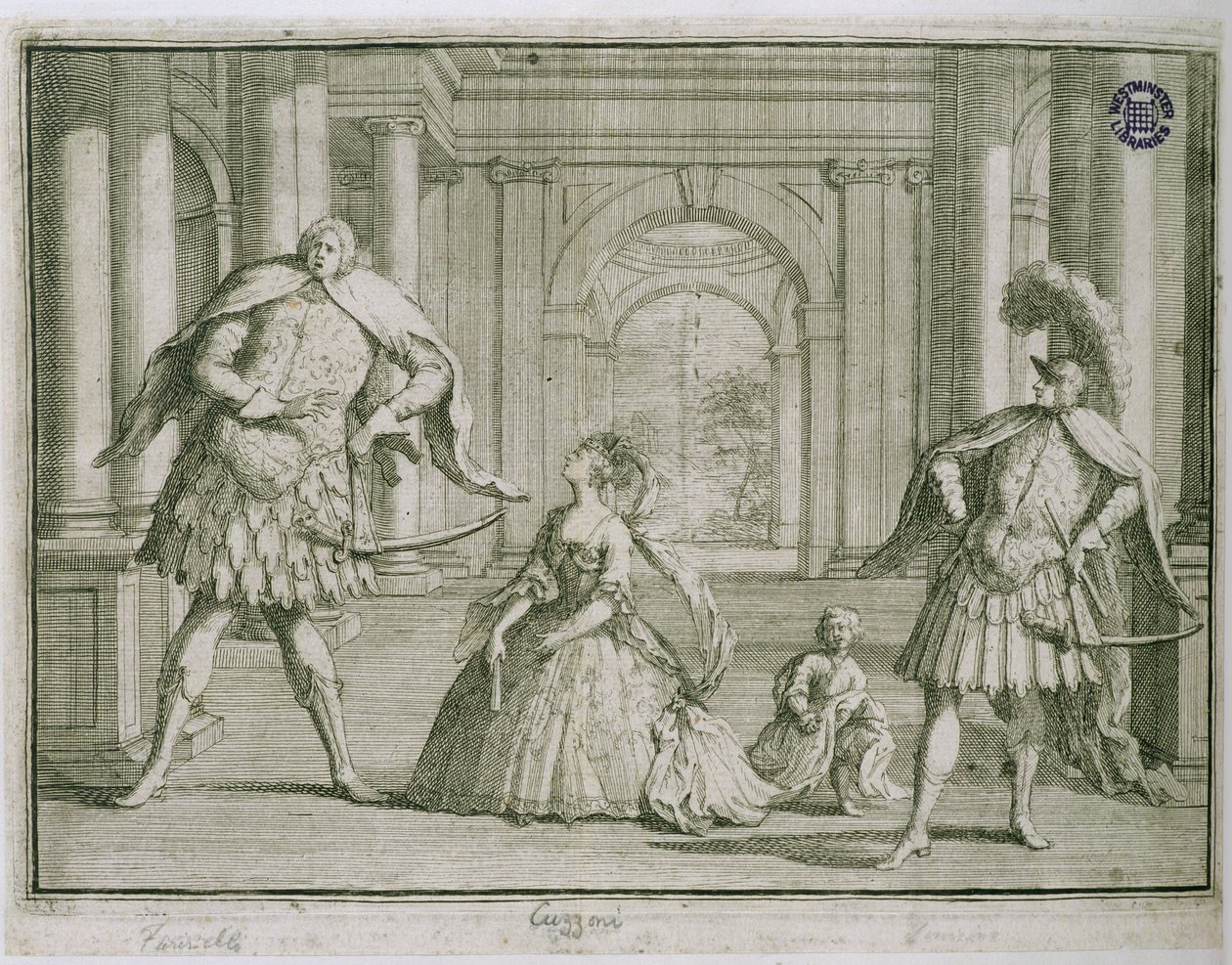 Farinelli, Cuzzoni och Senesino i Handels Flavio, c.1728 av English School