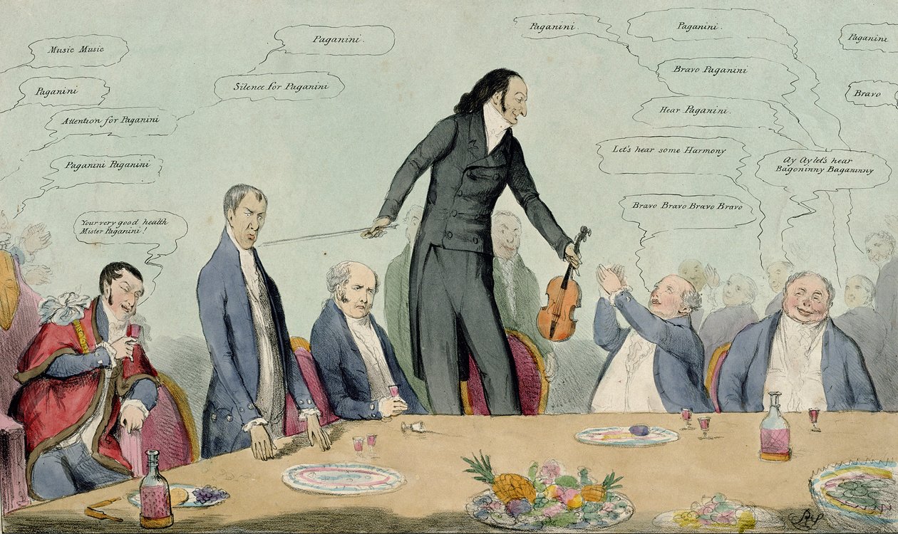 Fiddlestick kontra Broomstick, karikatyr av Niccolo Paganini, pub. av Thomas McLean, 1831 (färgad etsning) av English School