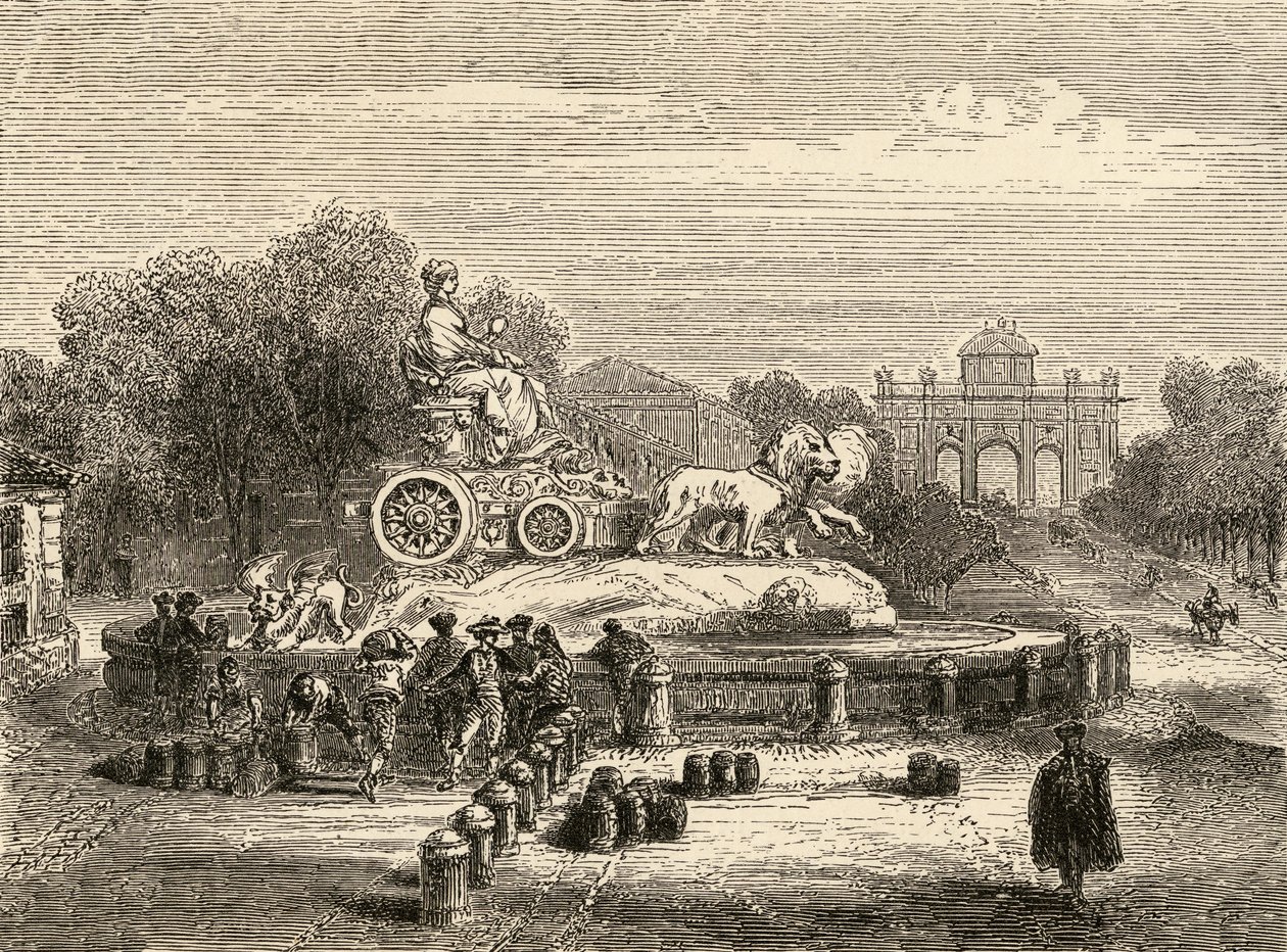 Fountain of Cibeles, Madrid, illustration från "Spanish Pictures" av pastor Samuel Manning av English School