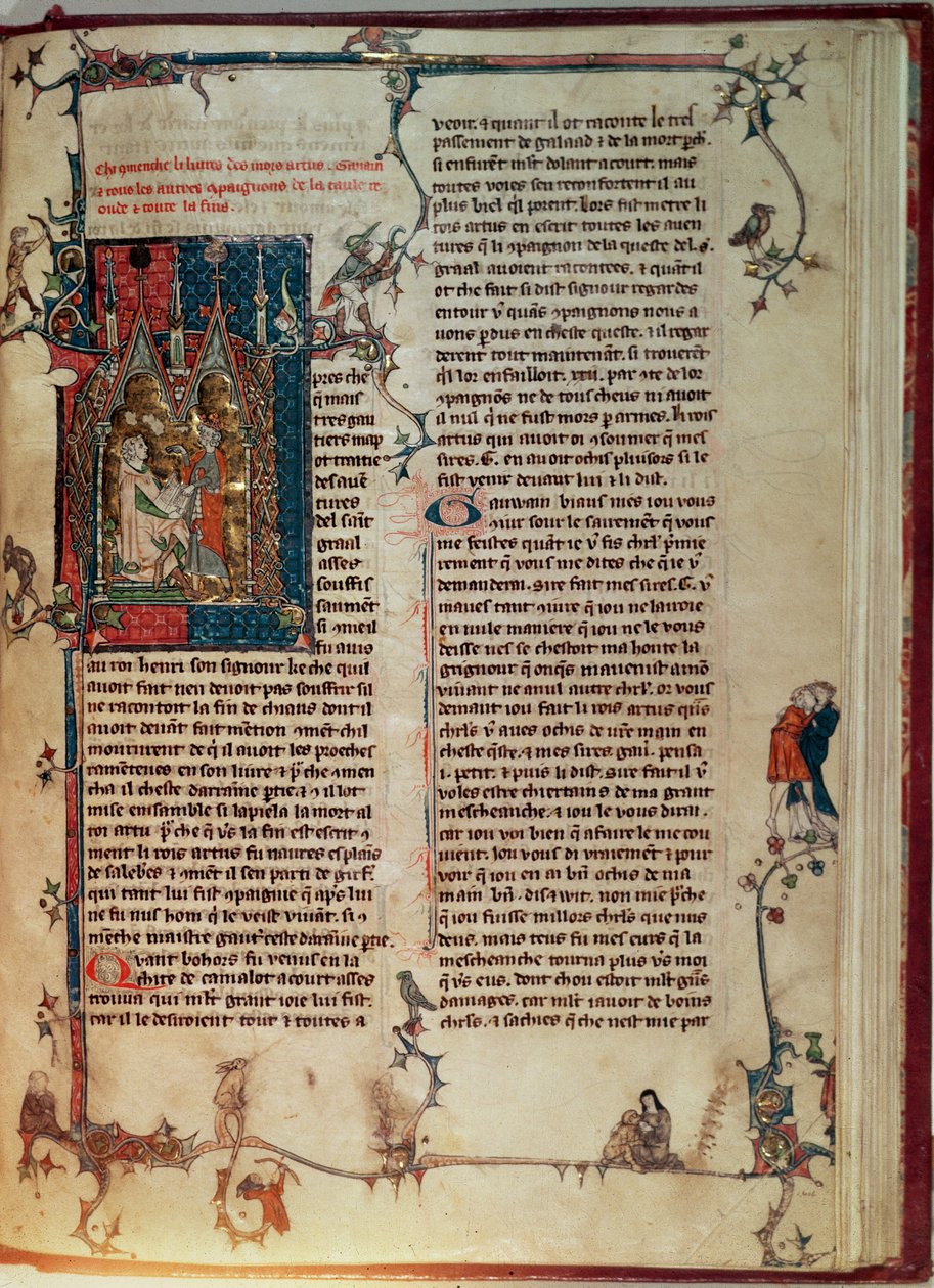 Fr 1 f.82r Vol. I Walter Map tar ner en berättelse om riddarna av det runda bordets äventyr på jakten efter den heliga gralen på diktat av kung Arthur, från Manchester Arthurian Roman av English School