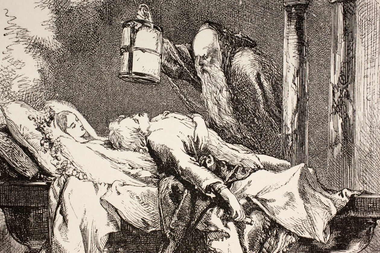 Friar Laurence anländer till Capulet-kryptan för att hitta Romeo, Julia och Paris alla döda, från 