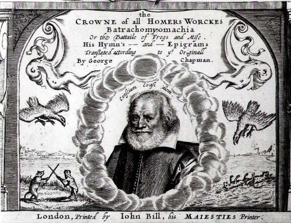 Frontispice av Batrachomyomachia eller, Slaget om grodor och möss, översatt av George Chapman (ca 1559-1634) av English School