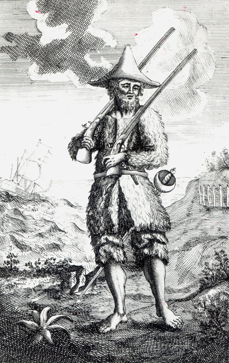 Frontispice till "The Life and Strange Surprizing Adventures of Robinson Crusoe of York, Mariner" av Daniel Defoe, 1719 av English School
