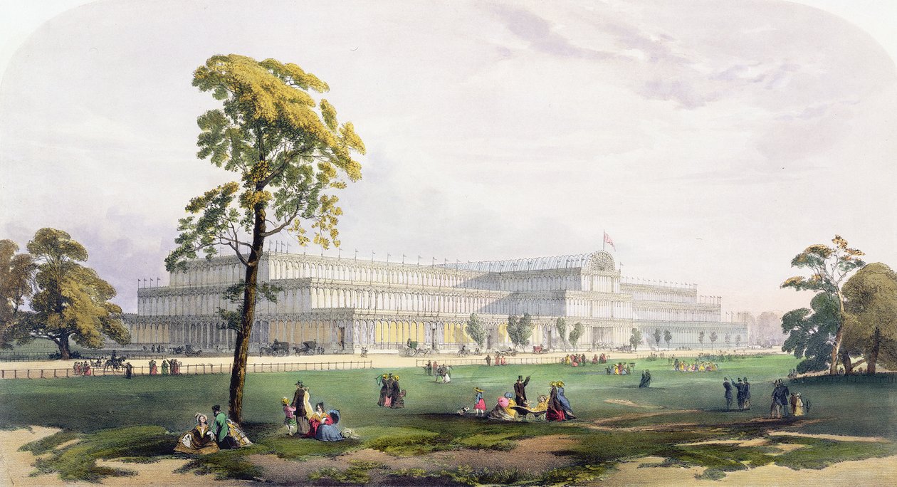 Allmän bild av byggnadens exteriör, i den stora utställningen 1851, från Dickinsons Comprehensive Pictures (färgad litho) av English School