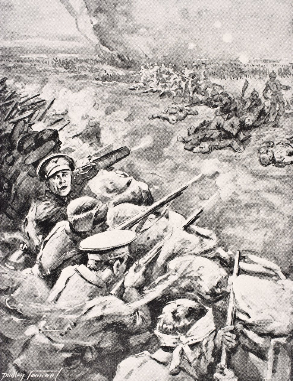 Tyska trupper anfaller mot brittiska skyttegravar, 1915, från "The War Illustrated Album de Luxe", publicerat i London 1916. av English School