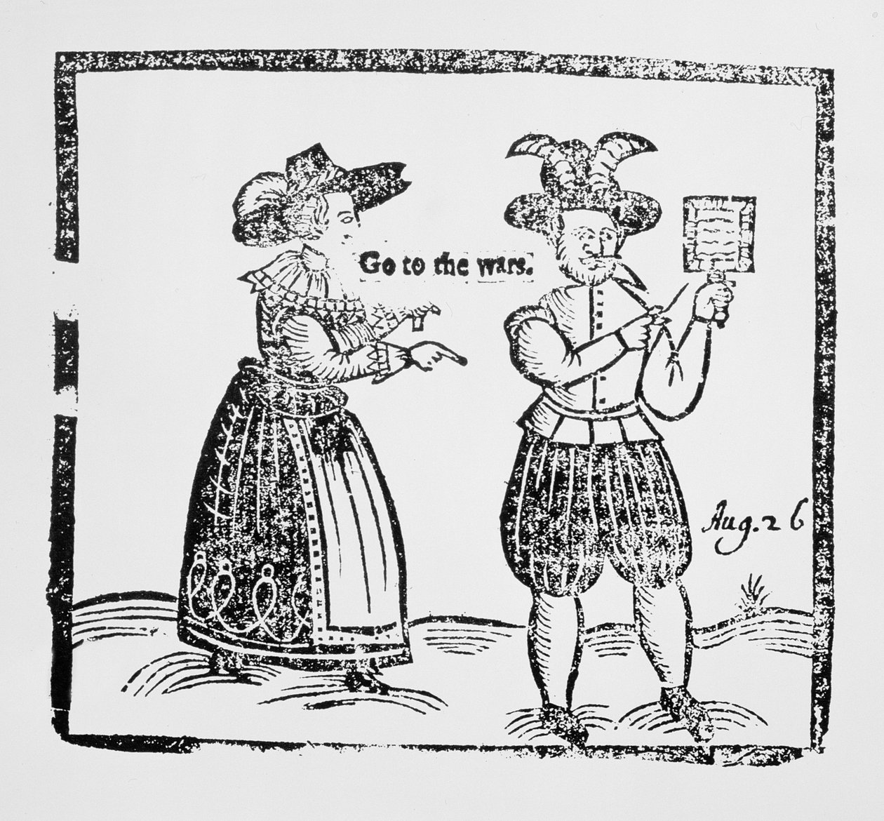 Gå till krigen, illustration från en broschyr som visar upplösningen av kvinnor i London som skickade sina män att slåss i det trettioåriga kriget, ca 1619 av English School