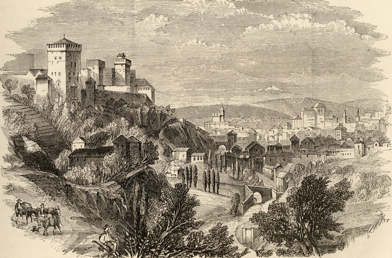 Granada och Alhambra, illustration från "Spanish Pictures" av pastor Samuel Manning av English School
