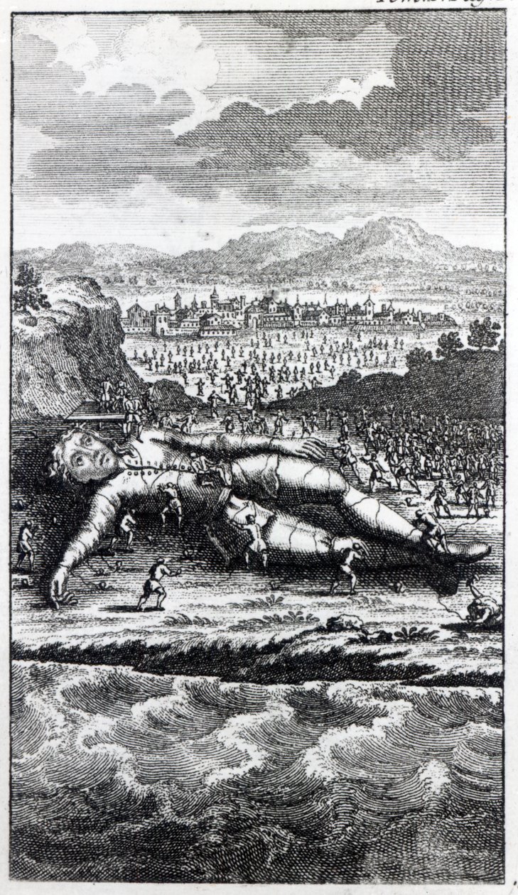 Gulliver tillfångatagen av Lilliputians, illustration från "Gullivers resor" av Jonathan Swift av English School