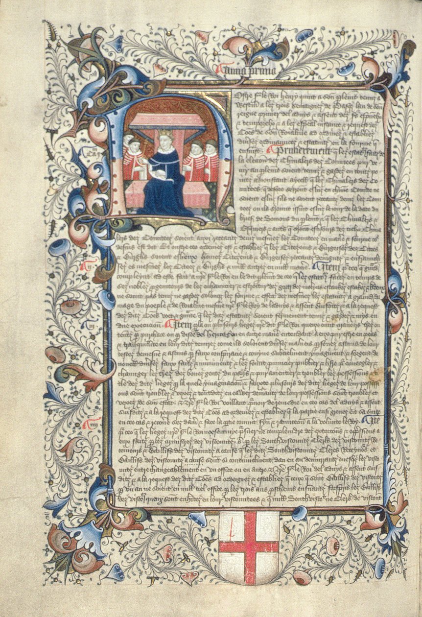 Henrik V (1387-1422) och några hovmän avbildade inom det initiala H, från Cartae Antiquae, sent 1400-tal av English School