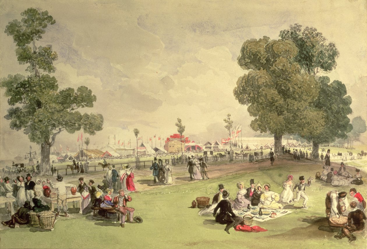 Hyde Park, utsikt över Coronation Fair, 28 juni 1838 (wc på papper) av English School