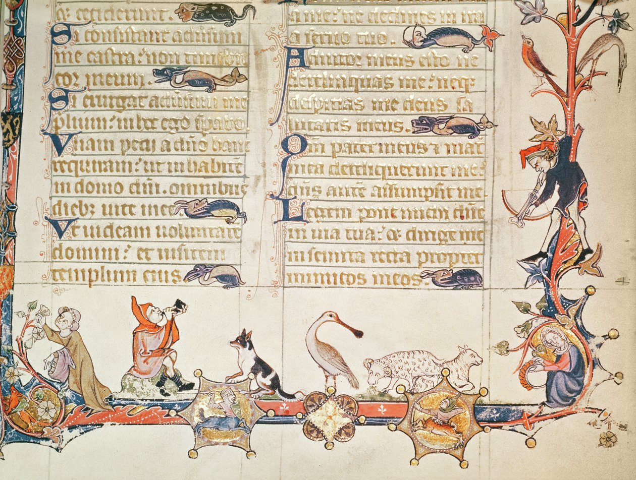 Illustration från en psaltare, föreställande olika figurer, en skedstork, får, kentaurer och räven Reynard av English School