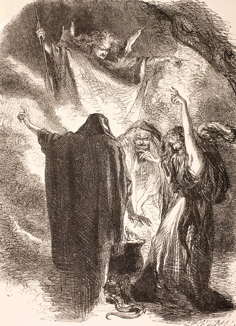 Illustration av häxorna runt sin kittel i Macbeth, från "The Illustrated Library Shakespeare", utgiven i London 1890. av English School