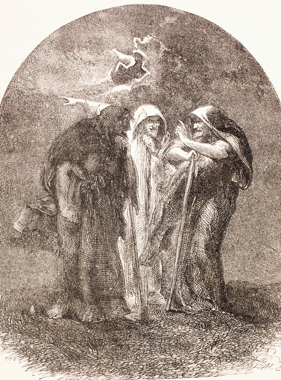 Illustration av häxorna från Macbeth, från "The Illustrated Library Shakespeare", utgiven i London 1890. av English School