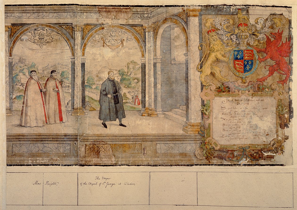 Imaginary Composite Procession of the Knights of the Garter at Windsor, graverad av Marcus Gheeraerts den äldre (1521-86) 1576 (färgad etsning) av English School