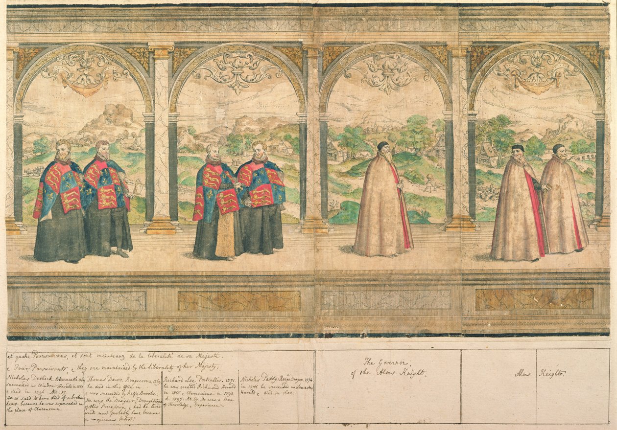 Imaginary Composite Procession of the Knights of the Garter i Windsor, indgraveret af Marcus Gheeraerts den ældre (1521-86) 1576 (farvet radering) swed av English School