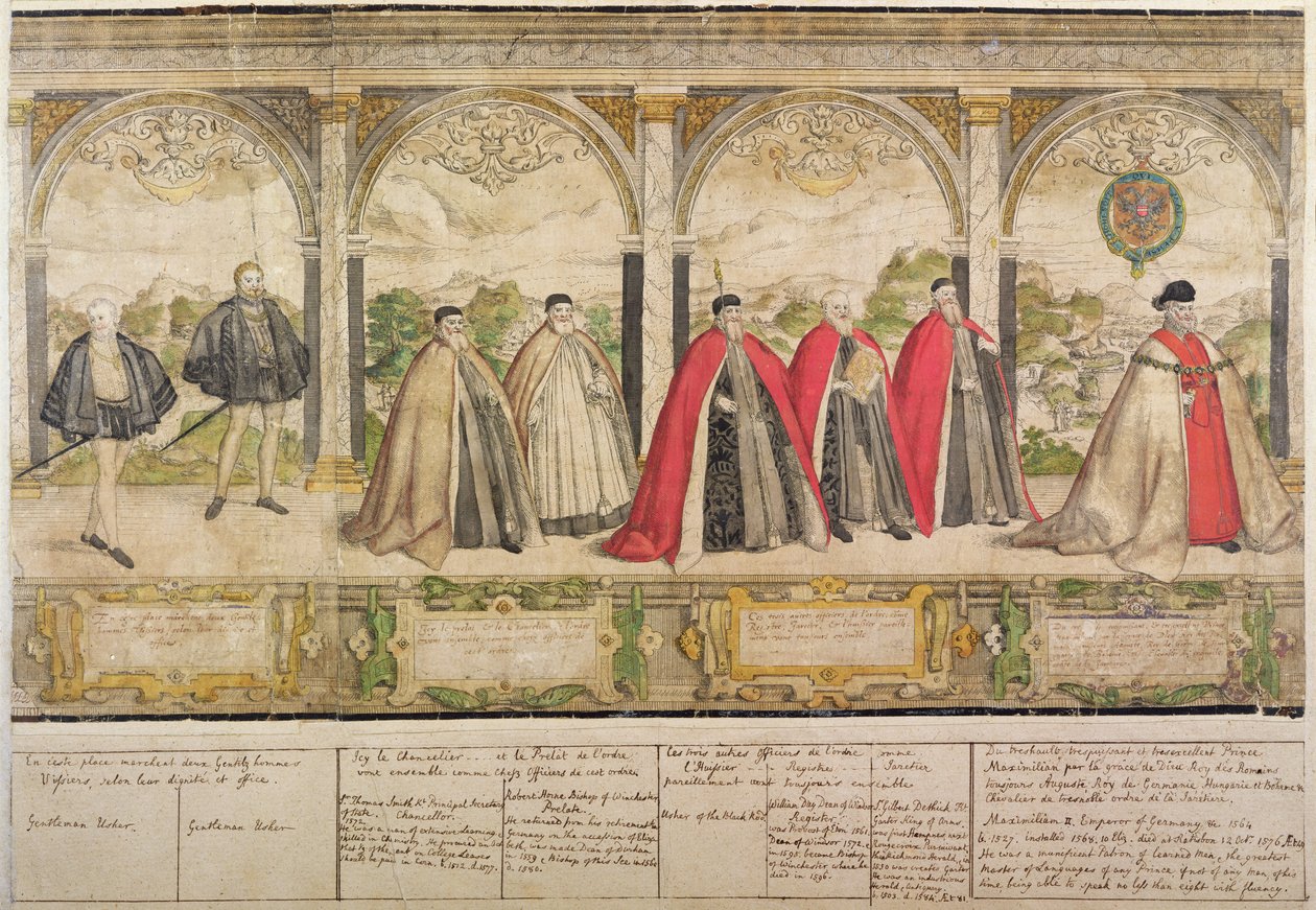 Imaginary Composite Procession of the Knights of the Garter, graverad av Marcus Gheeraerts den äldre (151620-c.1604) 1576 (färgad etsning) av English School