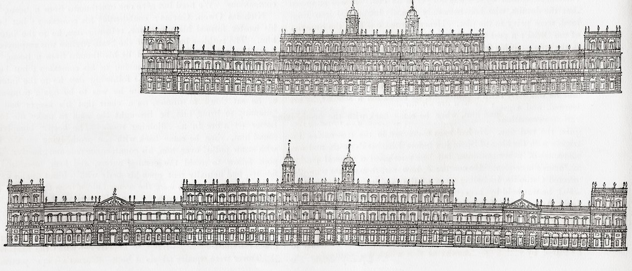 Inigo Jones 1638 plan för ett nytt palats i Whitehall, Westminster, England, från Old England: A Pictorial Museum, pub. 1847 av English School