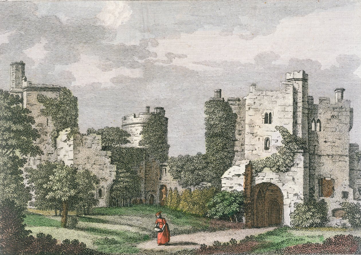 Inre vy och port till Bodiam Castle, Sussex, 27 maj 1785 (färggravyr) av English School