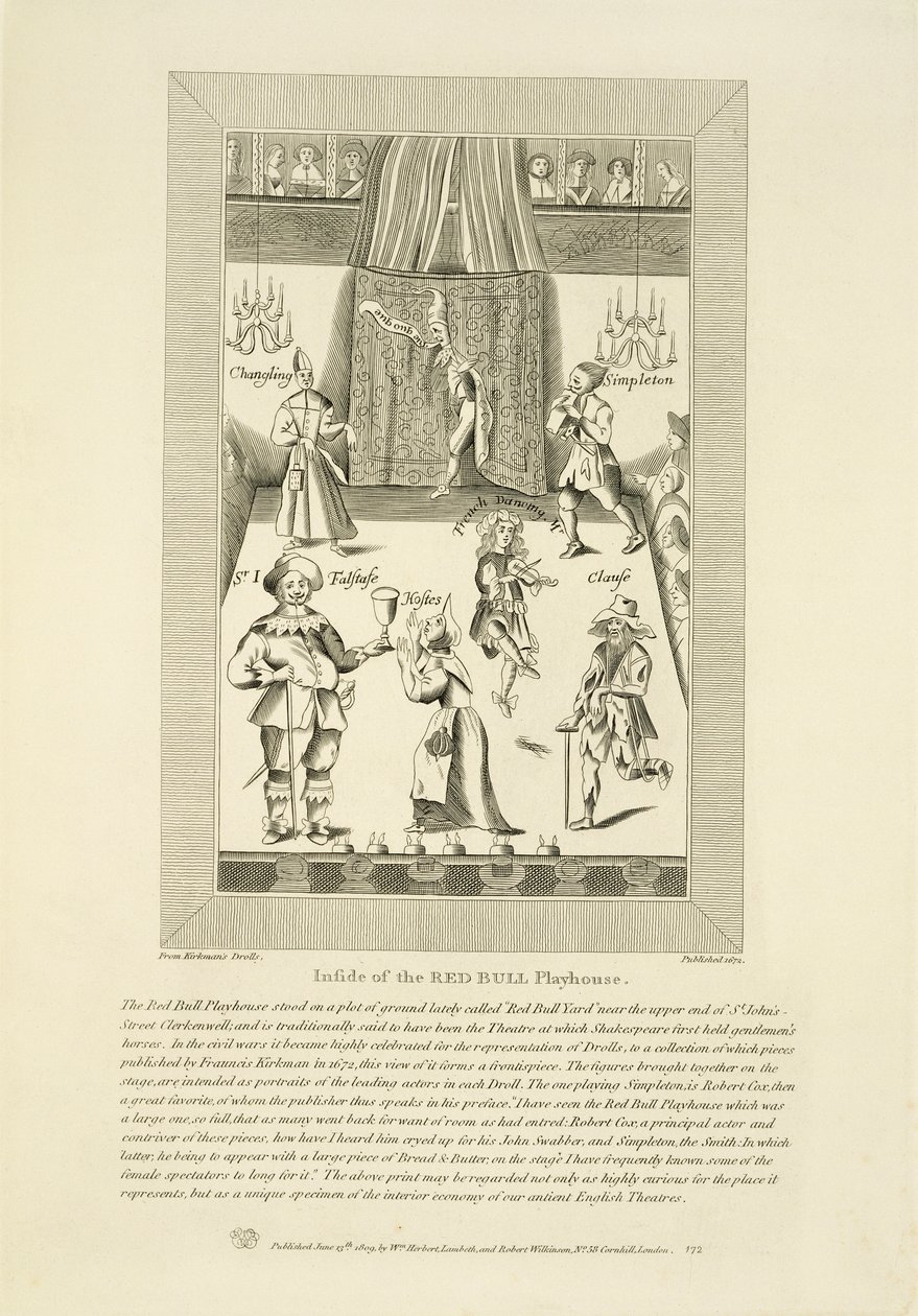 Inne i Red Bull Playhouse, framsidan av en samling drolls av Francis Kirkmans första pub. år 1672, pub. av William Herbert och Robert Wilkinson, 1809 av English School