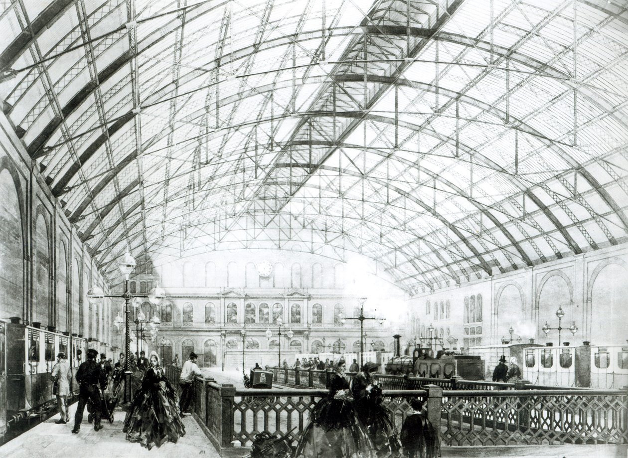 Interiör av Charing Cross-stationen, graverad av Kell Brothers, c.1864 av English School