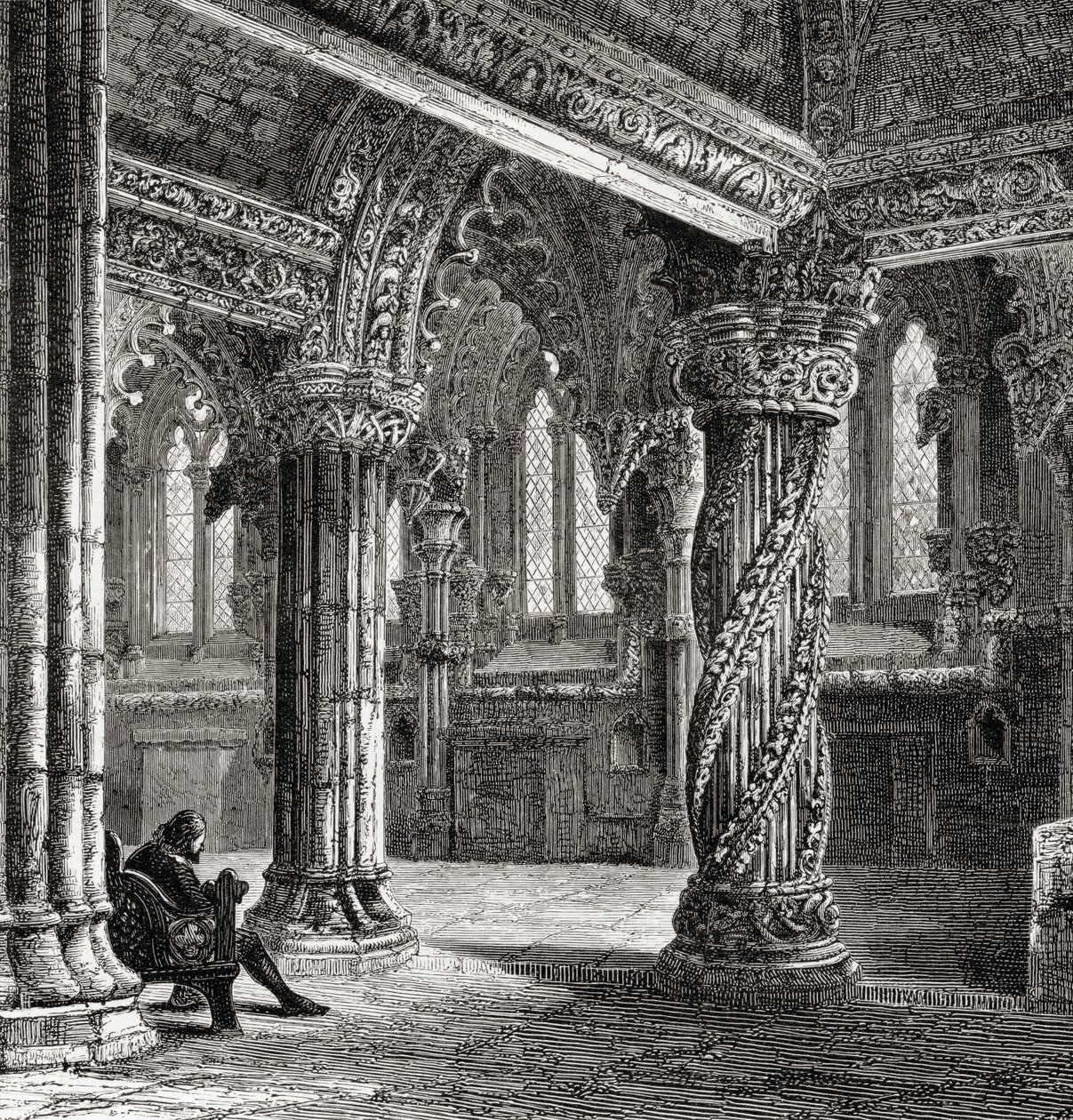 Interiör av Roslin Chapel, med lärlingspelaren, från 