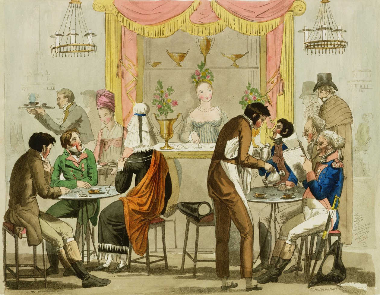 Interiör av ett kaffehus, pub. för William Pearman Library, 1819, (färgetsning) av English School