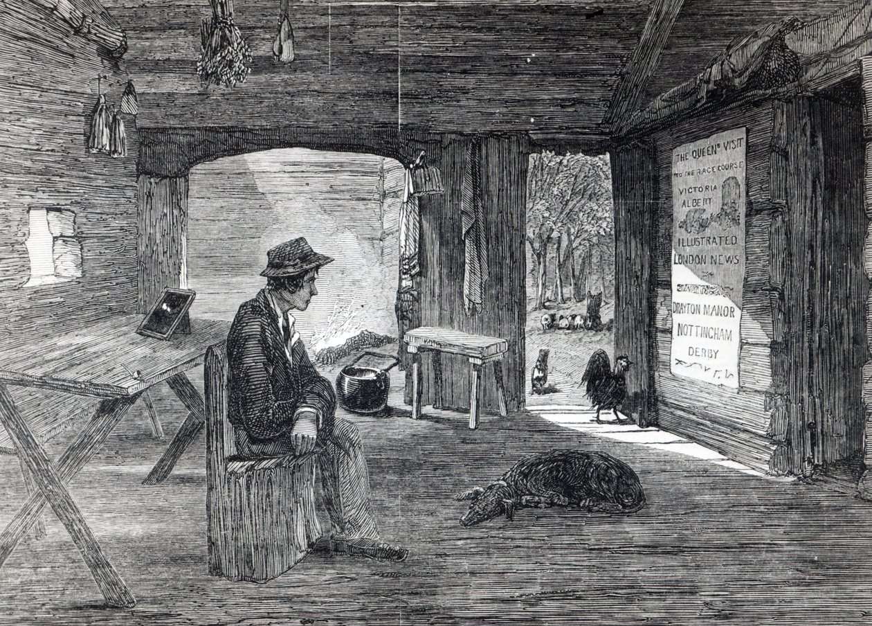 Interiör av en nybyggarhydda i Australien, från "The Illustrated London News", 1849 av English School