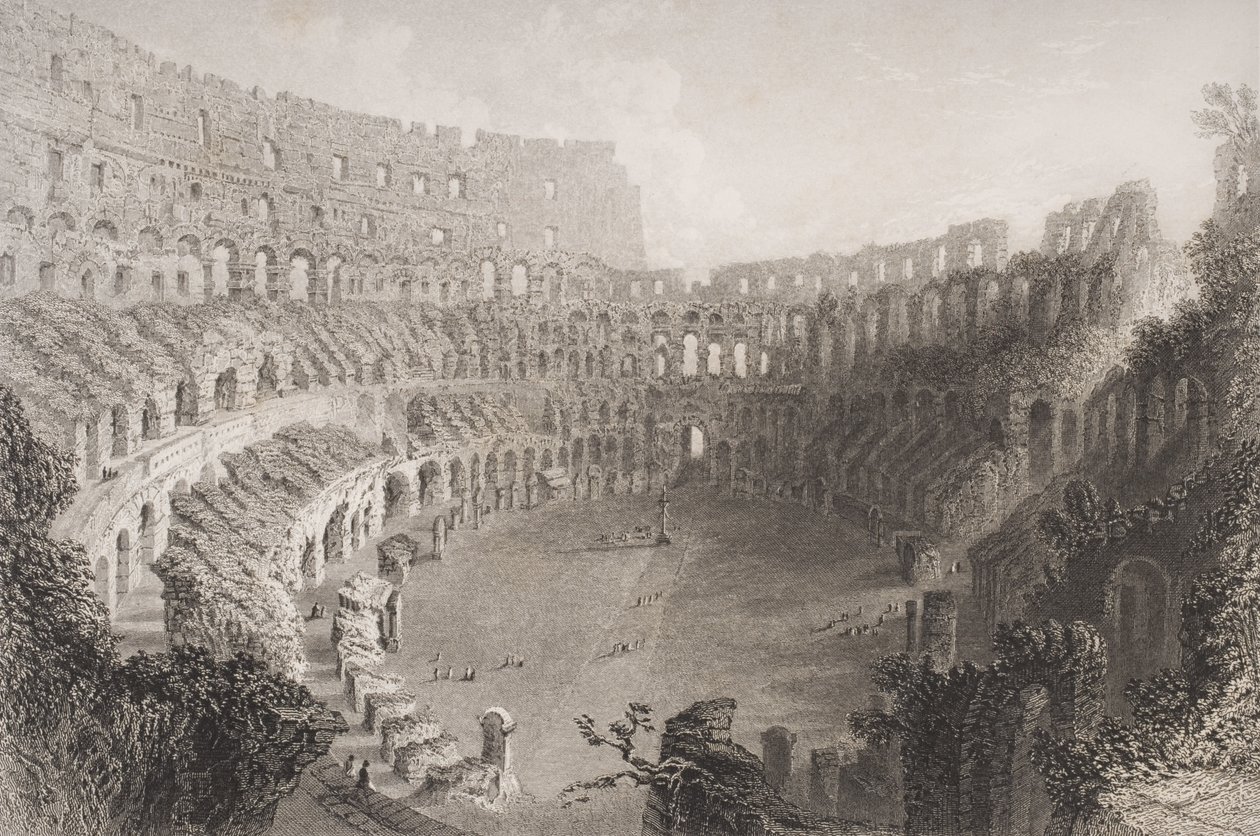 Interiör i Colosseum, Rom, graverat av E. Roberts av English School